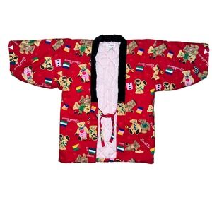Vintage Jarimba Kids Special Bear Quilted Kimono Robe Red Pink Velvet Japanese
